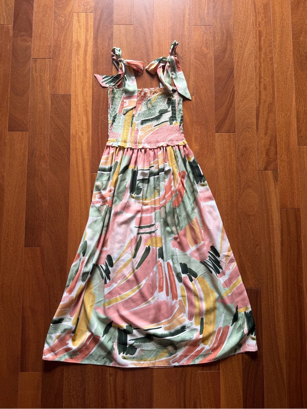 SundayUp Pink & Green Abstract Tie-Shoulder Smocked Maxi Dress